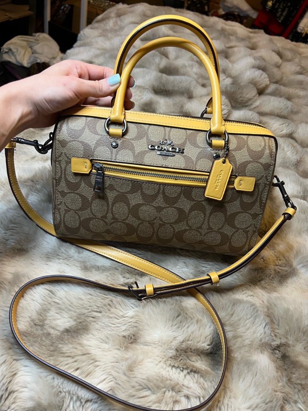 Coach Signature Canvas Satchel with Yellow Trim